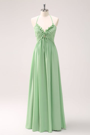 Vestido largo de dama de honor con cordones sin espalda halter de color verde claro